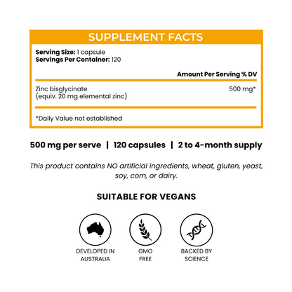 Zinc Bisglycinate - 500mg 360 Capsules (12-month supply)